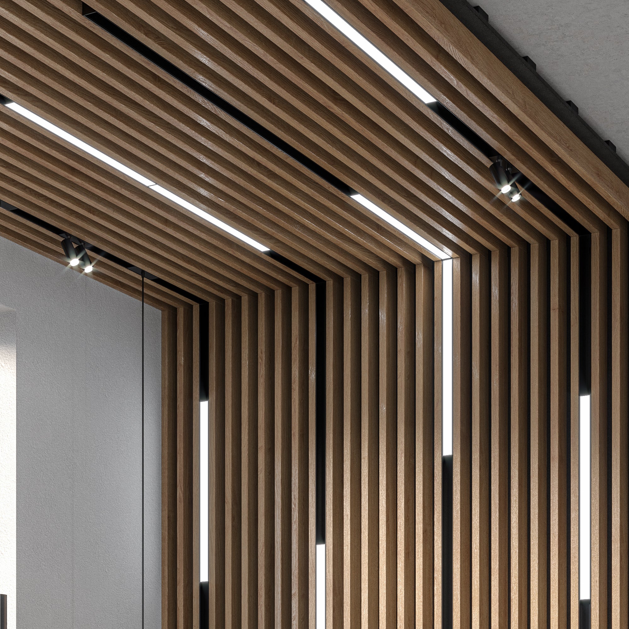 custom wood ceiling in reception area with special lighting