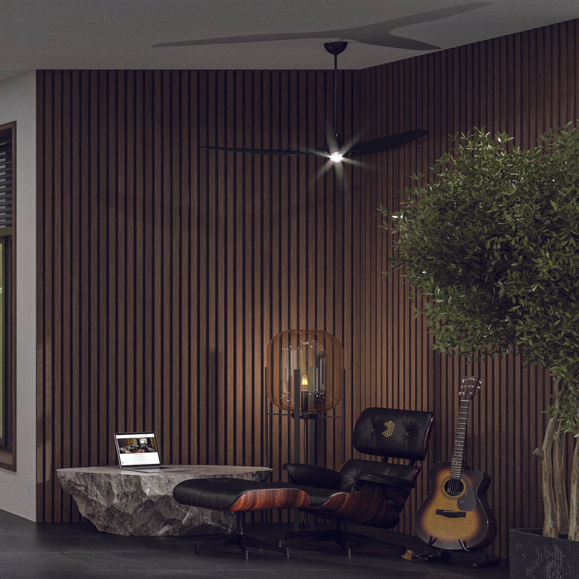 Acoustic wood wall panels with guitar and leather chair
