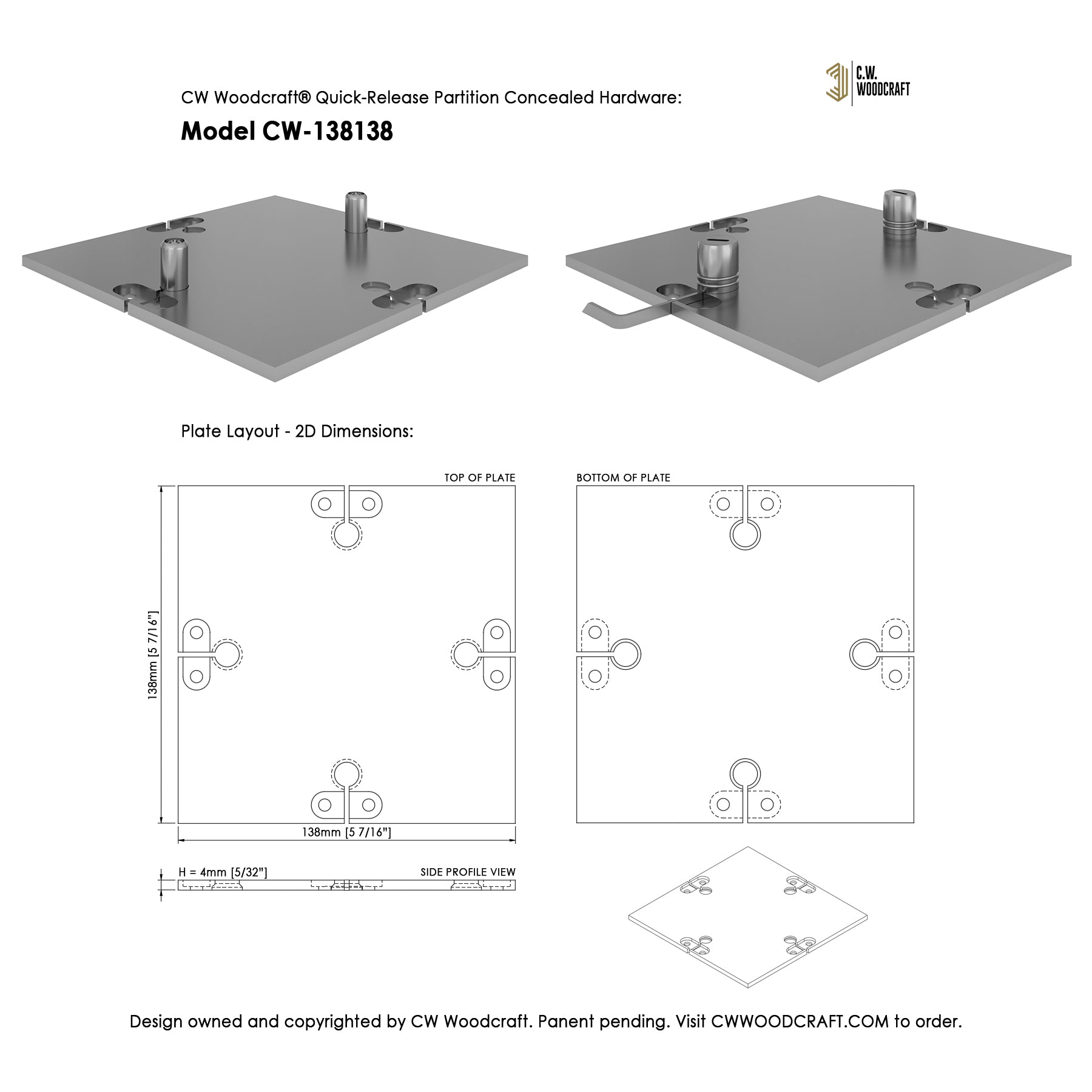 CW Woodcraft Quick-Release Partition Concealed Hardware